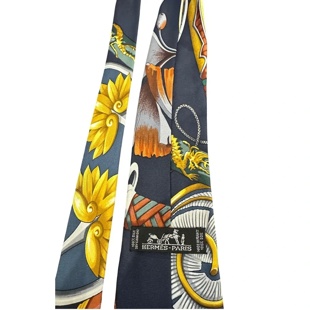 Hermes Daimyo Silk Tie‎ Navy Gold Samurai Sword Japan Motif France Vintage